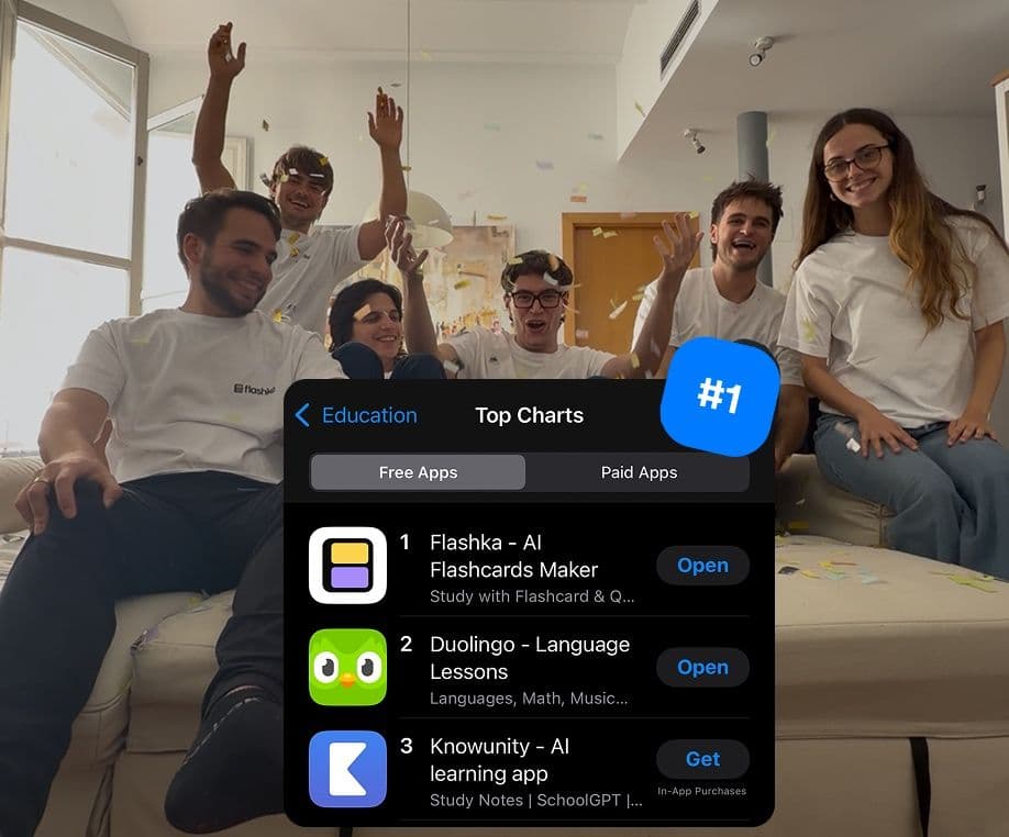 Flashka team celebrating #1 on the App Store in Education, above Duolingo